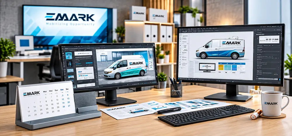 Monitorë që shfaqin dizajnin e një furgoni me logon EMARK.