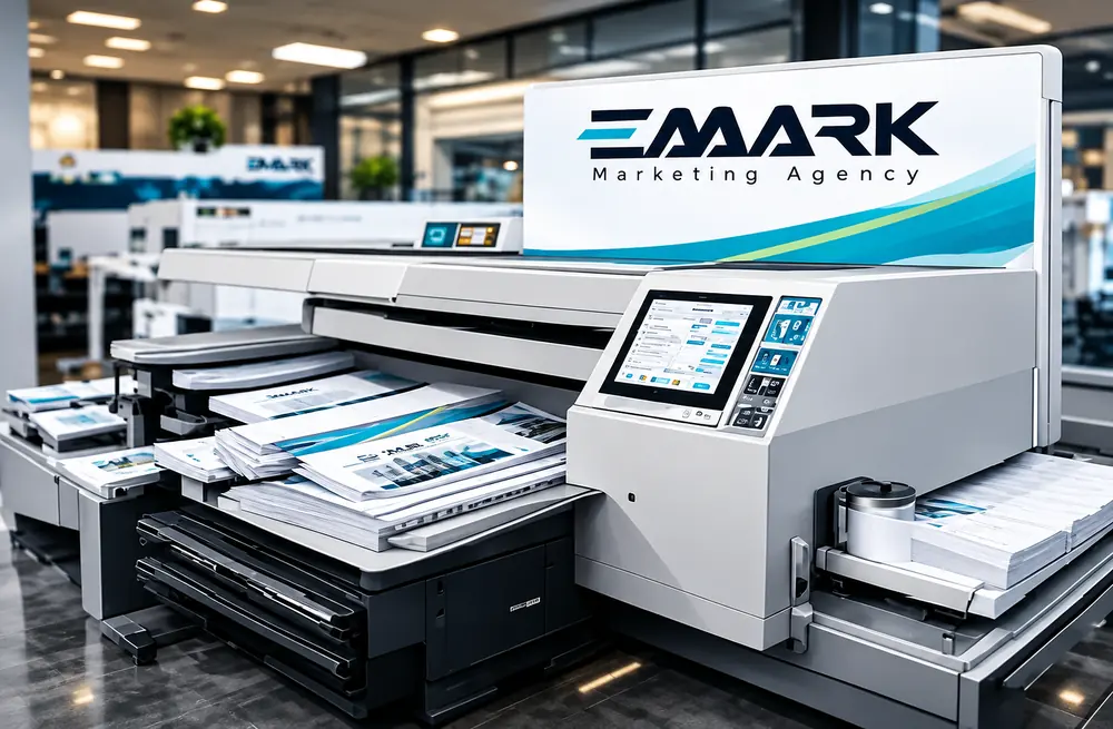 Makinë printimi me pirgje fletësh të printuara me logon EMARK.