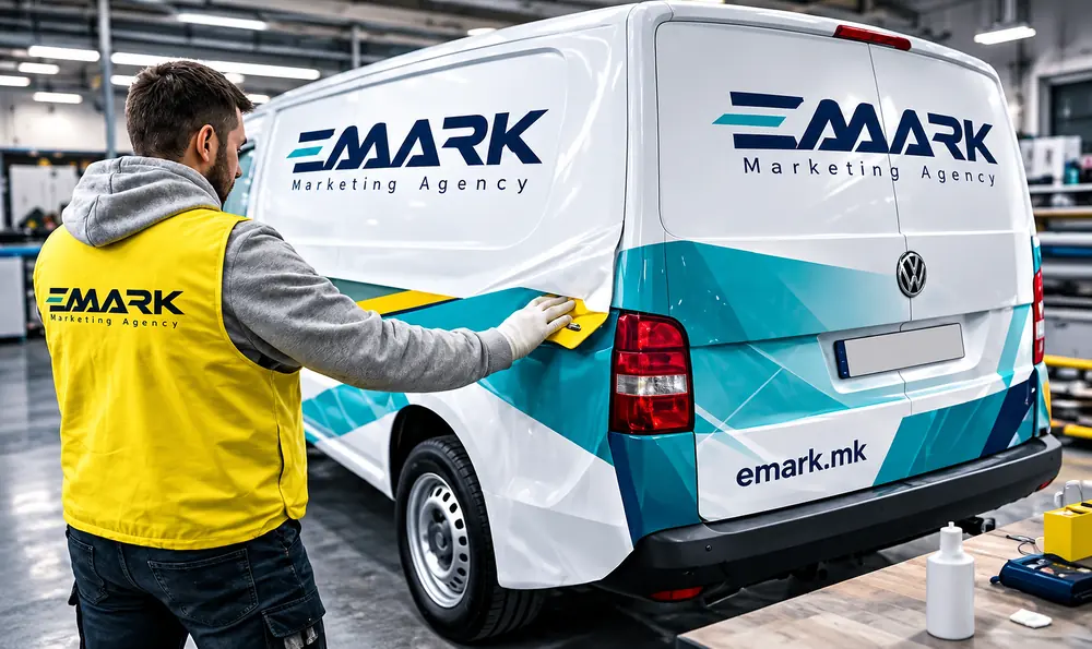 Punëtor me jelek të verdhë duke aplikuar folie në anën e një furgoni të bardhë të brenduar me EMARK.