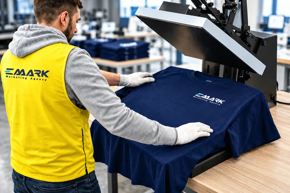 Punëtor duke vendosur një bluzë blu të errët me logon EMARK në presë termike.