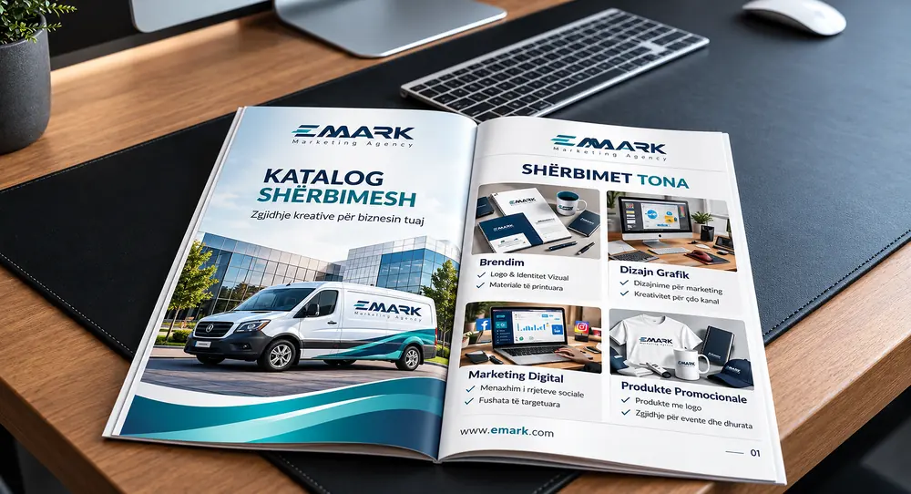 Katalog i hapur shërbimesh EMARK mbi një tavolinë pune.