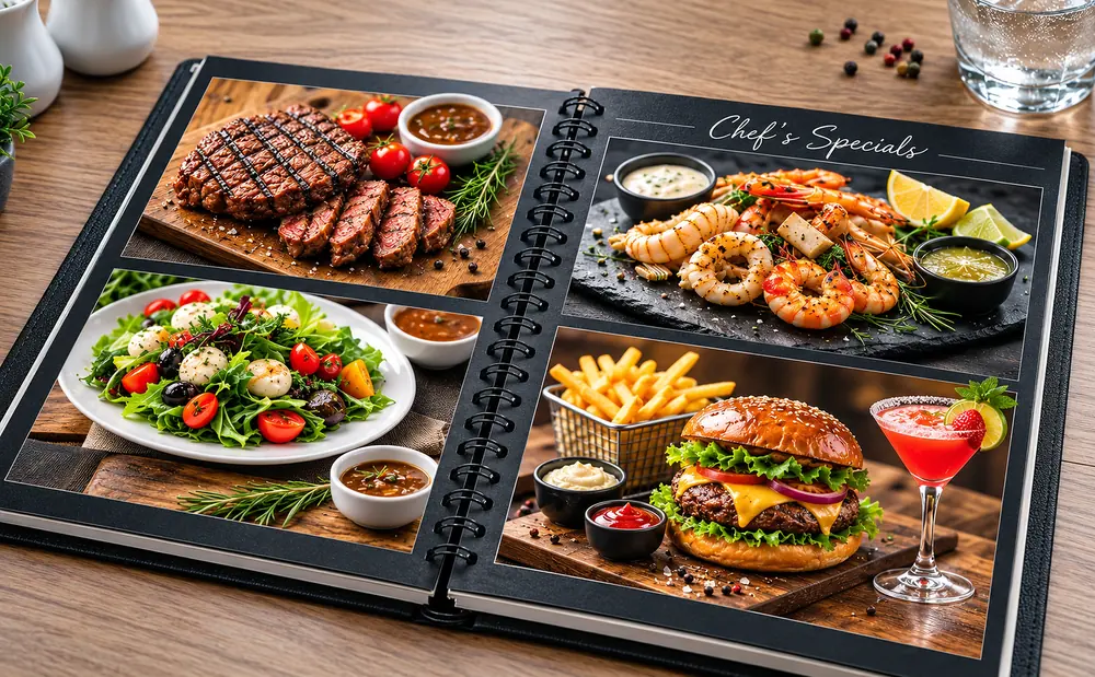 Menu e hapur me spirale me fotografi ushqimesh.