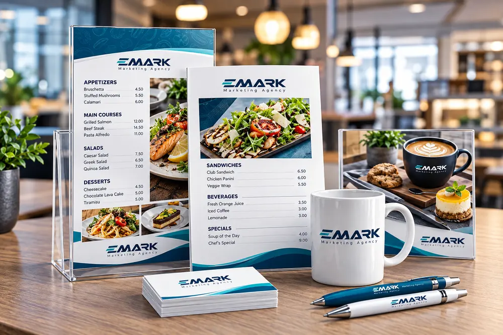 Menu në mbajtëse, kartvizita, filxhan dhe stilolapsa me logon EMARK mbi një tavolinë.