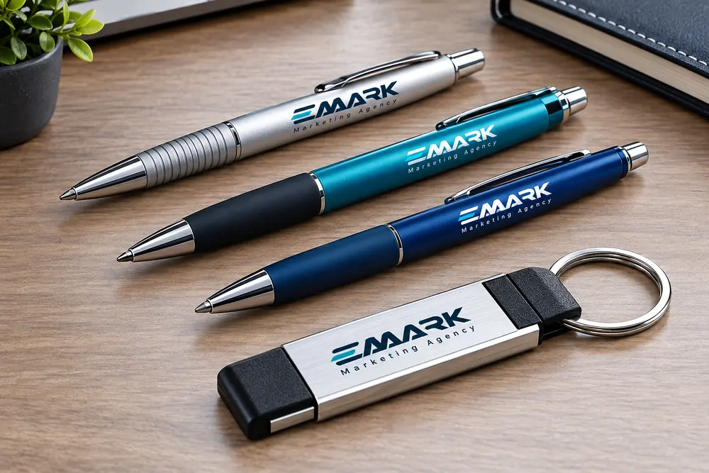Tre stilolapsa metalikë dhe një varëse çelësash me logon EMARK mbi tavolinë druri.